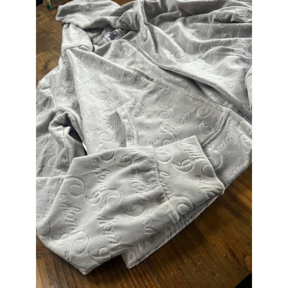 Juicy Couture Velour Zip Up Hoodie Grey Embossed All‎ Over Logo Y2K Size L - Picture 2 of 8